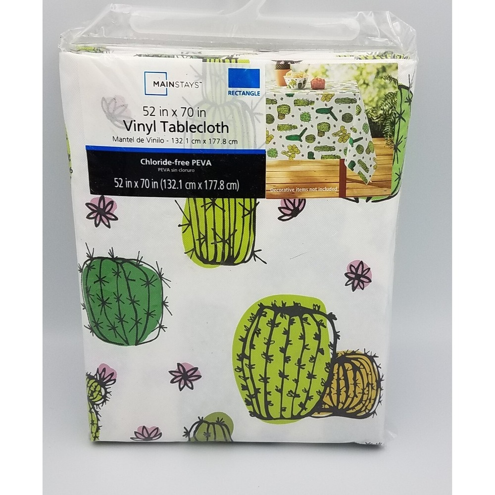 Mainstays Vinyl Tablecloth 52" x 70" NEW Cactus Themed‎ White Green Reusable